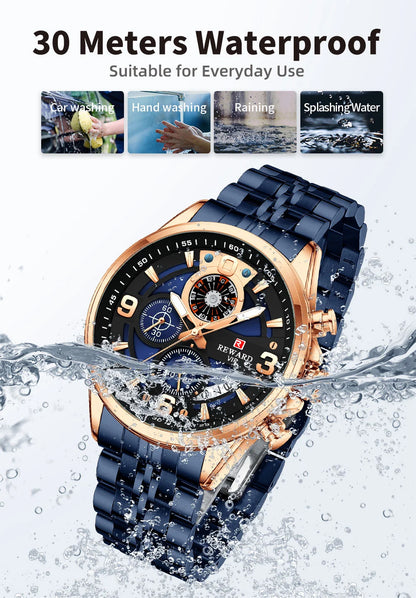 Reward In Stock Sports Watch Luxury Stainless Steel Luminous Quartz Man Watch Wholesale Oem Wristwatch Reloj,Auto Date, chronograph, Complete Calendar, Day/Date, Waterproof, Luminous, Anti-magnetic,RD81057M