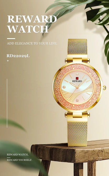 REWARD Ladies Watches Brands Luxury Rhinestone Dial Lady Watch, a stunning timepiece that combines elegance and practicality. With a durable stainless steel band and precision quartz movement, this watch is both fashionable and reliable.