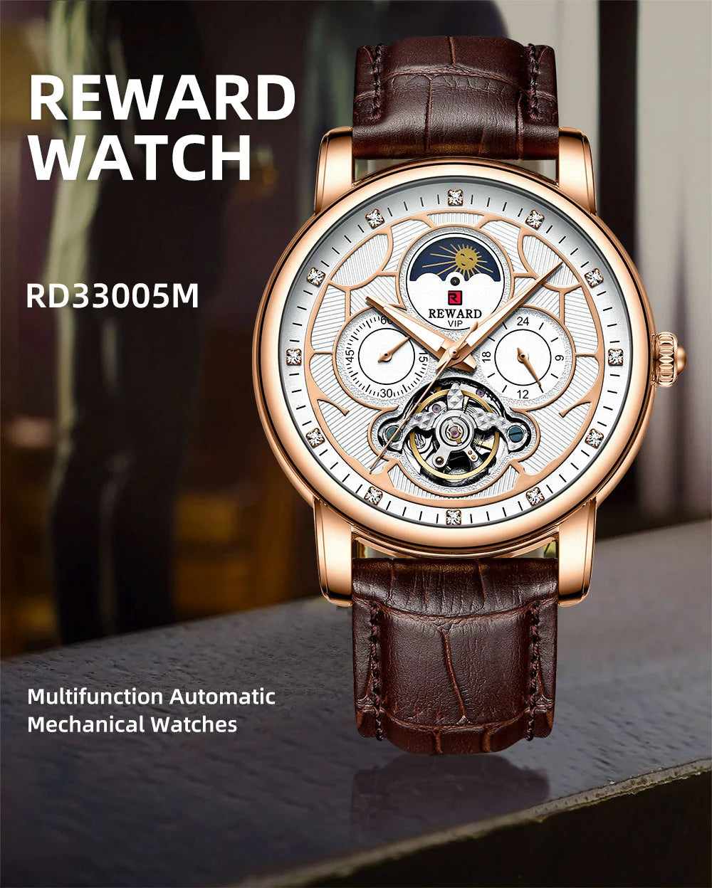 Reward Luxury men stainless steel automatic moon phase mechanical watch 2021 Custom logo casual fashion tourbillon wrist watch,RD33005M