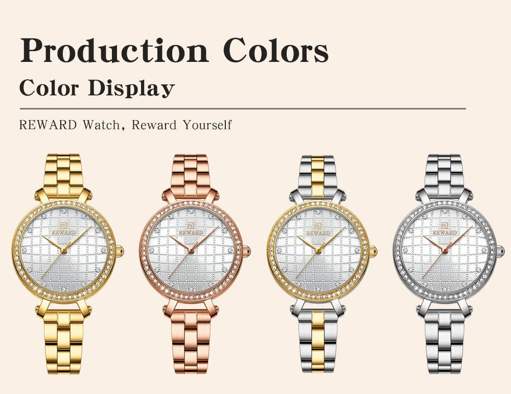 Reward 2022 New Arrival Wrist Watch Women Luxury Diamond Inlay Stainless Steel Ladies Golden Watches Wholesale Montre Acier RD21075L