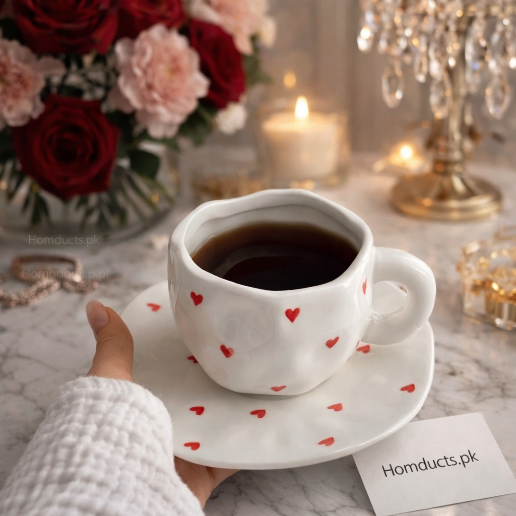 Heart-Print Ceramic Coffee Cup & Saucer Set – 3 Styles
