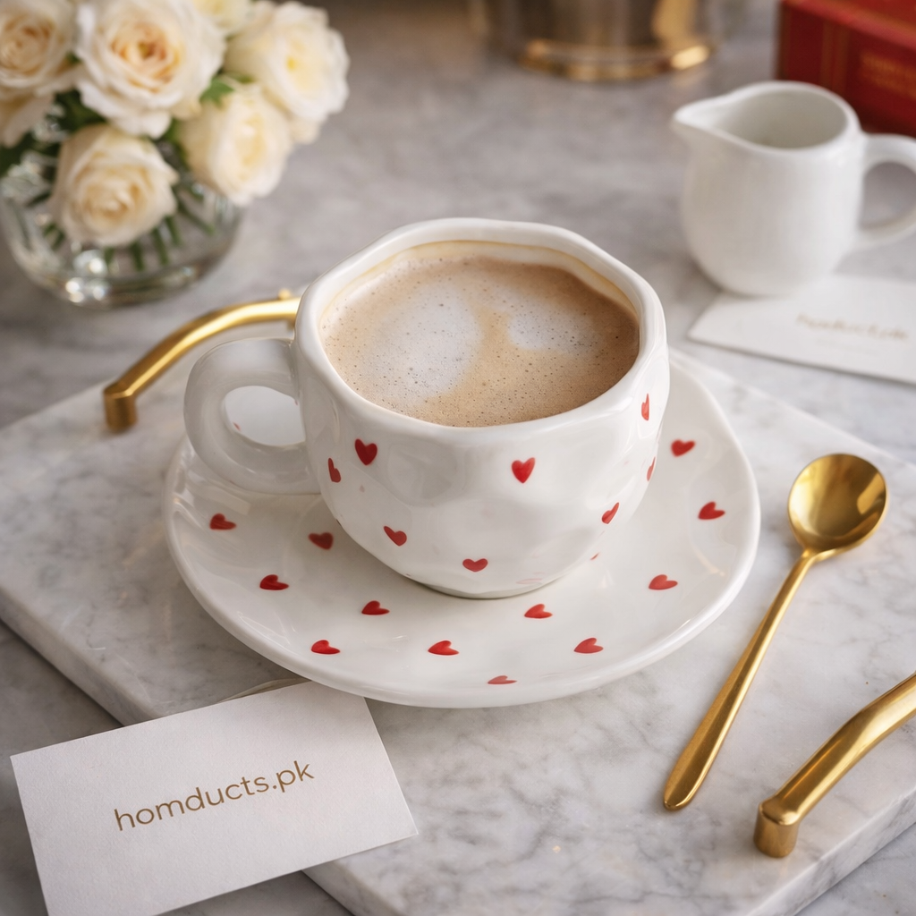 Heart-Print Ceramic Coffee Cup & Saucer Set – 3 Styles
