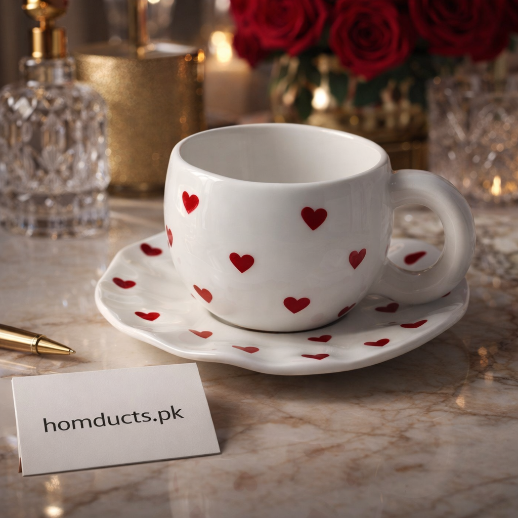Heart-Print Ceramic Coffee Cup & Saucer Set – 3 Styles