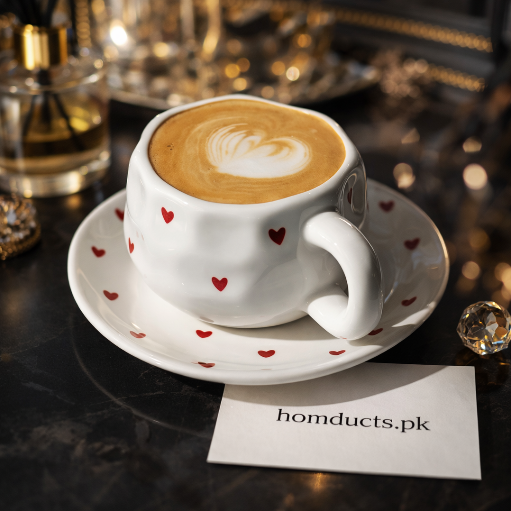 Heart-Print Ceramic Coffee Cup & Saucer Set – 3 Styles