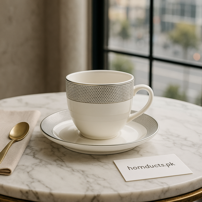 Premium Porcelain Cup & Saucer Set – 6 Pcs | Elegant Silver Geometric Design