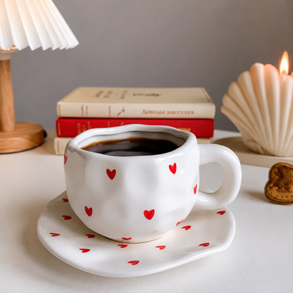 Heart-Print Ceramic Coffee Cup & Saucer Set – 3 Styles