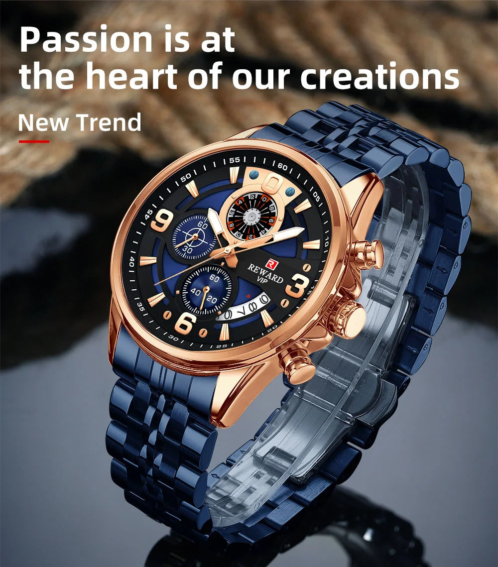 Reward In Stock Sports Watch Luxury Stainless Steel Luminous Quartz Man Watch Wholesale Oem Wristwatch Reloj,Auto Date, chronograph, Complete Calendar, Day/Date, Waterproof, Luminous, Anti-magnetic,RD81057M