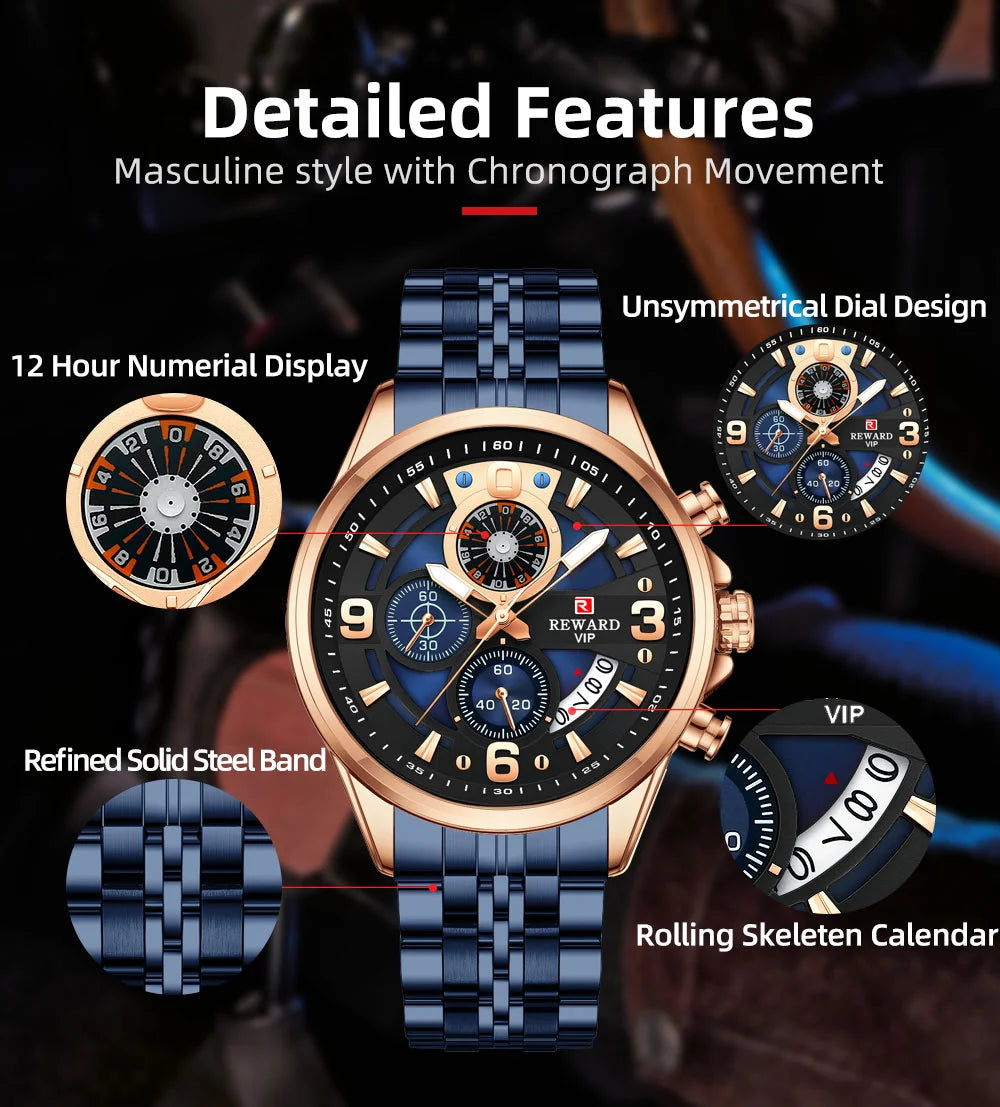 Reward In Stock Sports Watch Luxury Stainless Steel Luminous Quartz Man Watch Wholesale Oem Wristwatch Reloj,Auto Date, chronograph, Complete Calendar, Day/Date, Waterproof, Luminous, Anti-magnetic,RD81057M