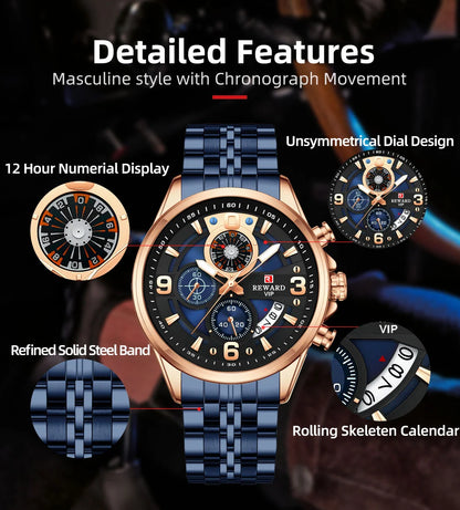 Reward In Stock Sports Watch Luxury Stainless Steel Luminous Quartz Man Watch Wholesale Oem Wristwatch Reloj,Auto Date, chronograph, Complete Calendar, Day/Date, Waterproof, Luminous, Anti-magnetic,RD81057M