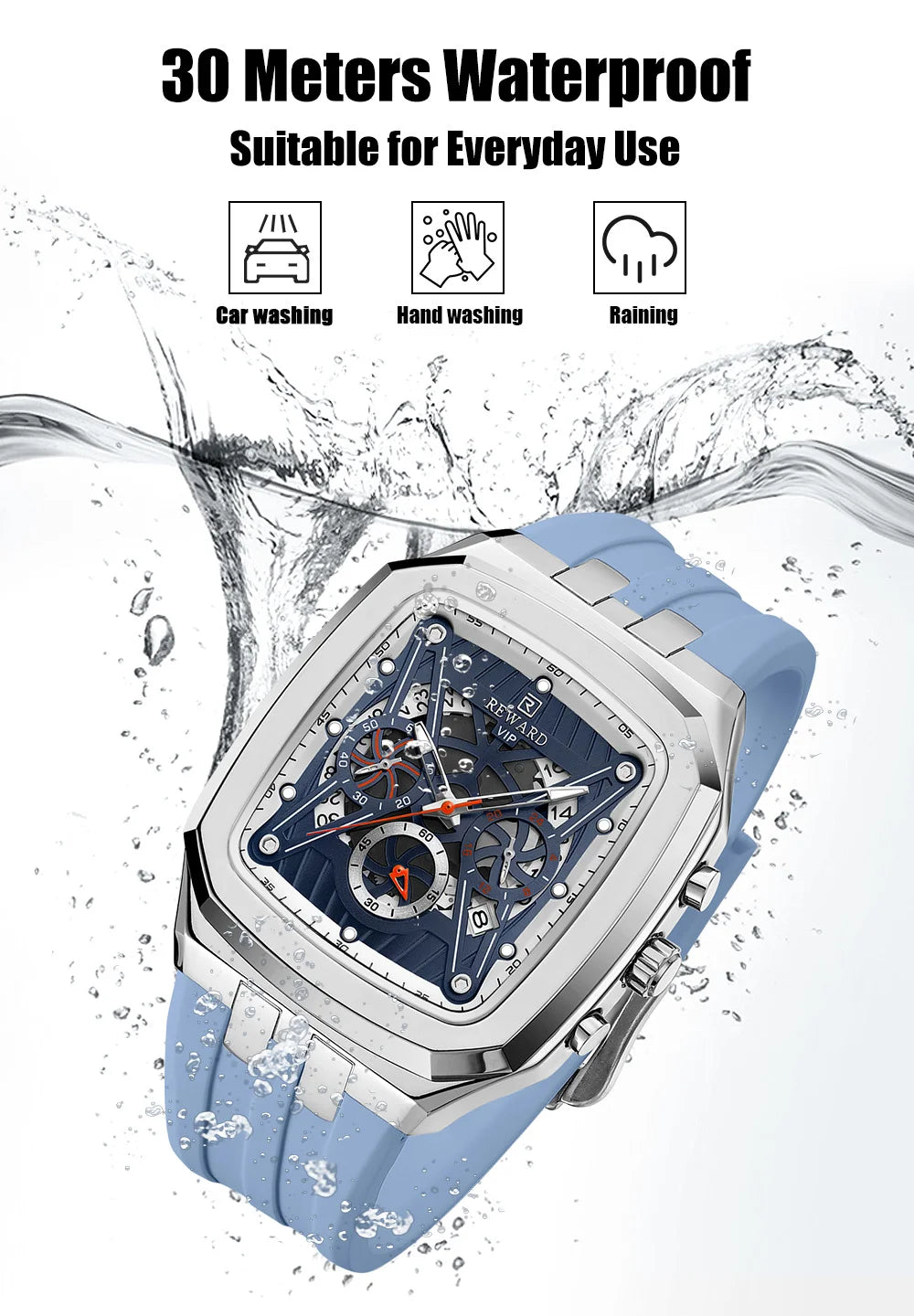 REWARD Watch Men Fashion Square Wheel Chronograph Mens Wristwatch 3bar Water Resistant Functional Sport Silicone Watch Male