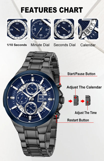 REWARD New Design Quartz Watch High Quality Waterproof Calendar Date Stainless Steel Premium Luxury Mens Wrist Watches Montre