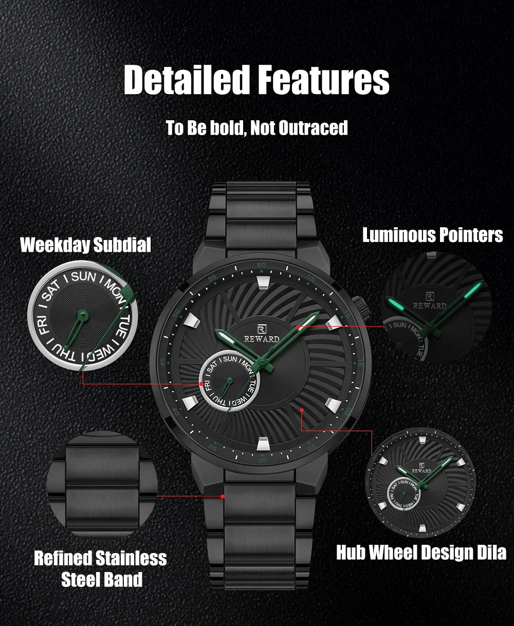 REWARD brand quartz watches for men luxury black color stainless steel quartz watches waterproof wheel custom clocks logo