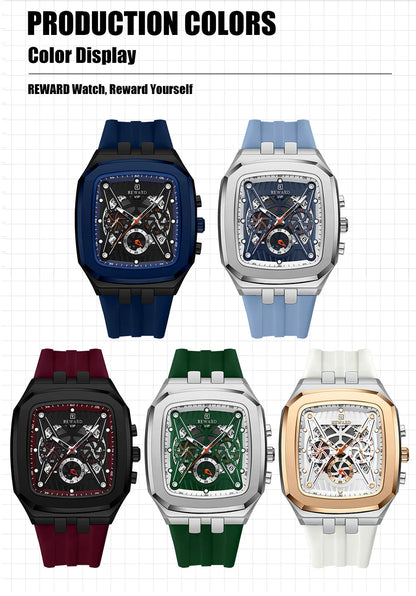 REWARD Watch Men Fashion Square Wheel Chronograph Mens Wristwatch 3bar Water Resistant Functional Sport Silicone Watch Male