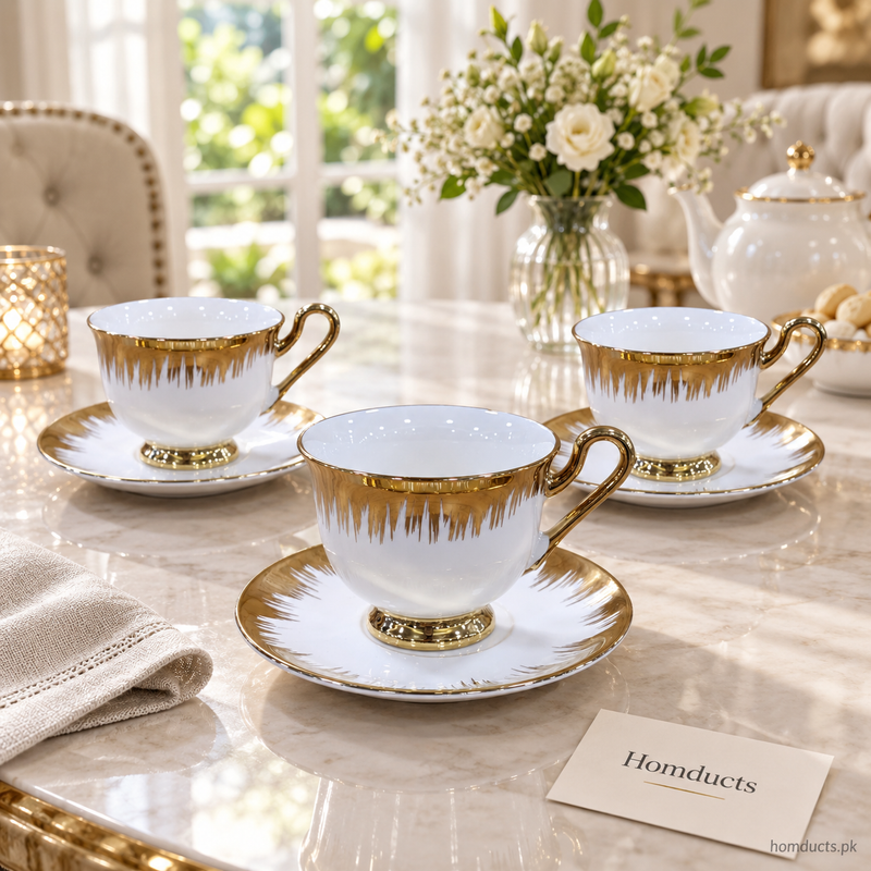 Luxury Gold Drip Curved Cup & Saucer Set – 6 Pieces