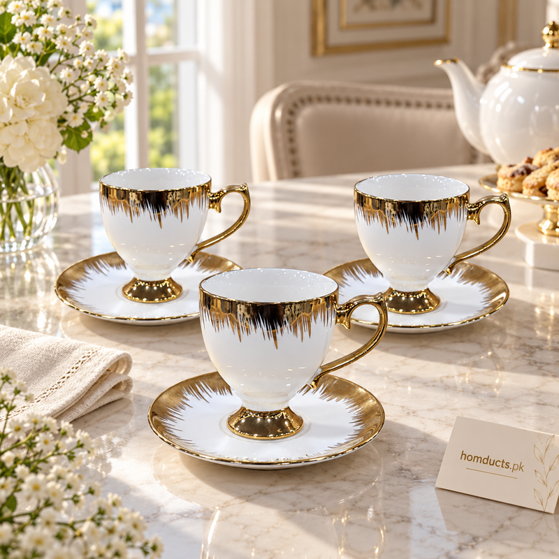 Luxury Gold Drip Footed Tea Cup & Saucer Set – 6 Pieces