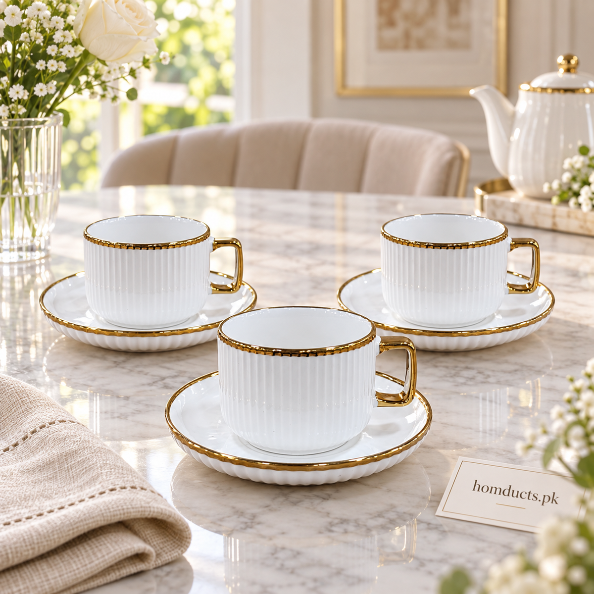 Luxury Gold-Rim Fluted Cup & Saucer Set – 6 Pieces