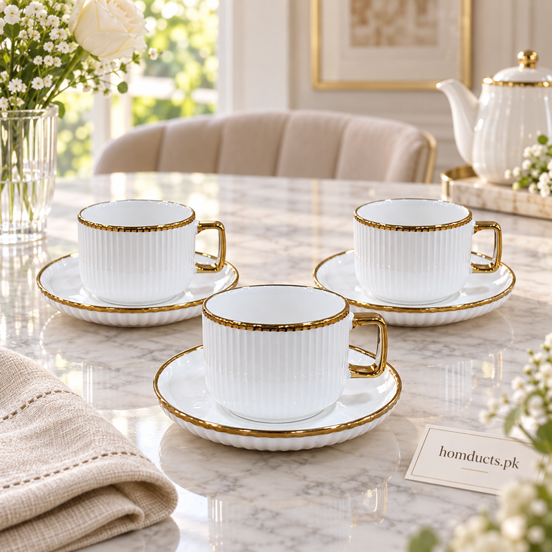 Luxury Gold-Rim Fluted Cup & Saucer Set – 6 Pieces