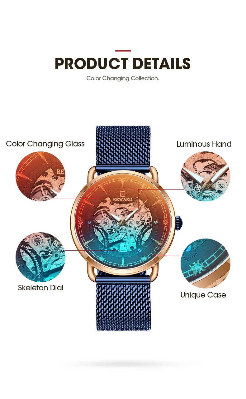 Reward Magic glass quality men stainless steel watches luxury functional automatic oem mechanical watches,RD32002M
