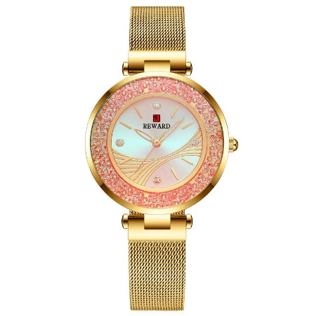 REWARD Ladies Watches Brands Luxury Rhinestone Dial Lady Watch, a stunning timepiece that combines elegance and practicality. With a durable stainless steel band and precision quartz movement, this watch is both fashionable and reliable.