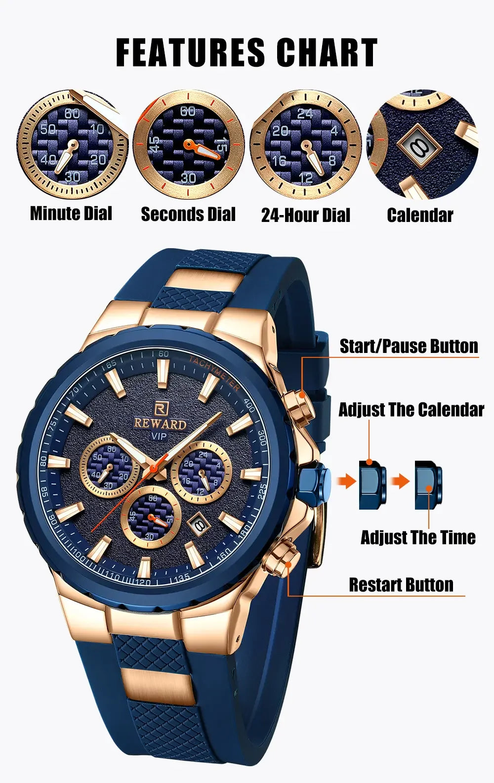 REWARD Watch for Men Casual Sport Quartz Watch Waterproof Three Eyes Fashion Men's Wristwatches