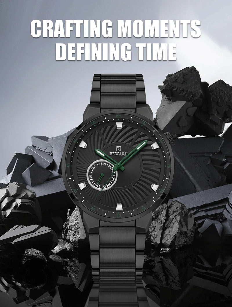 REWARD brand quartz watches for men luxury black color stainless steel quartz watches waterproof wheel custom clocks logo detail view