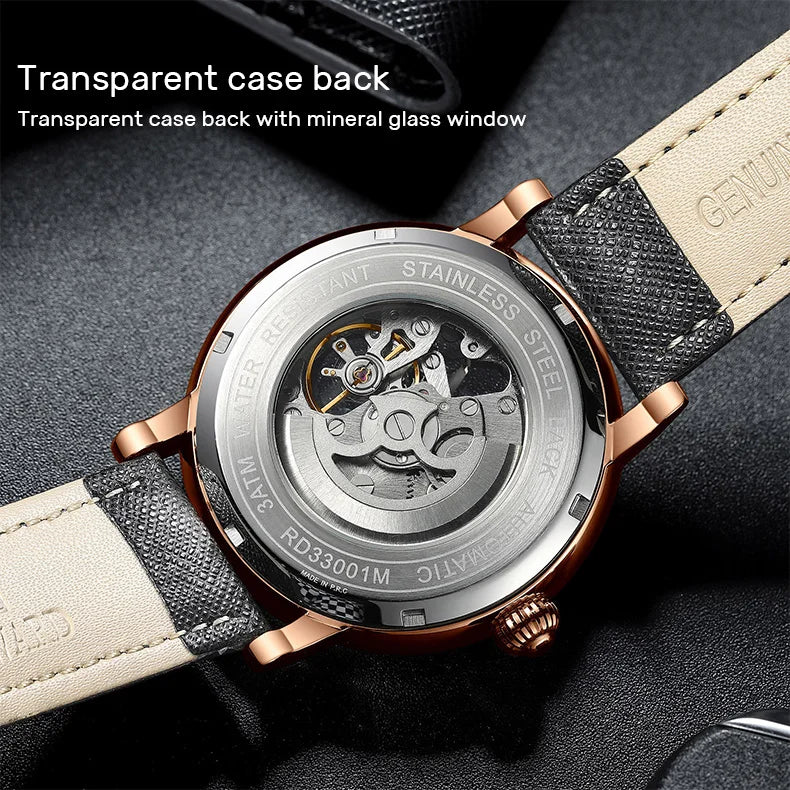 Reward Mechanical Watches Men Oem Luxury Skeleton Leather Band Mens Automatic Watch RD33001M