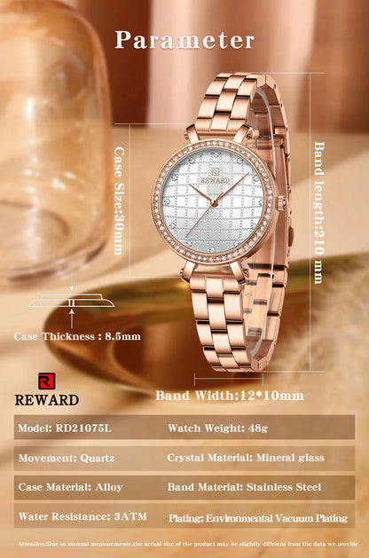 Reward 2022 New Arrival Wrist Watch Women Luxury Diamond Inlay Stainless Steel Ladies Golden Watches Wholesale Montre Acier RD21075L