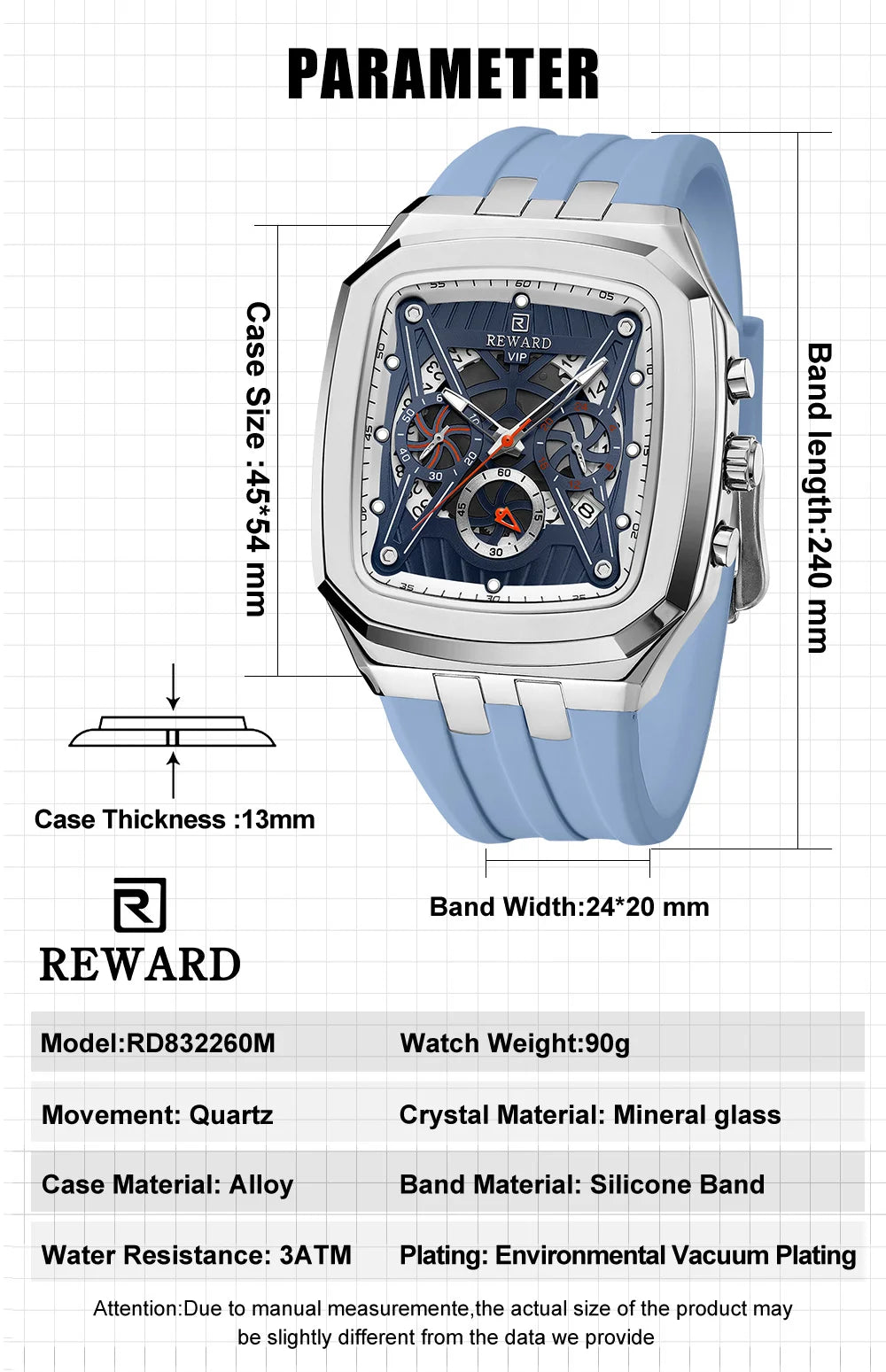 REWARD Watch Men Fashion Square Wheel Chronograph Mens Wristwatch 3bar Water Resistant Functional Sport Silicone Watch Male