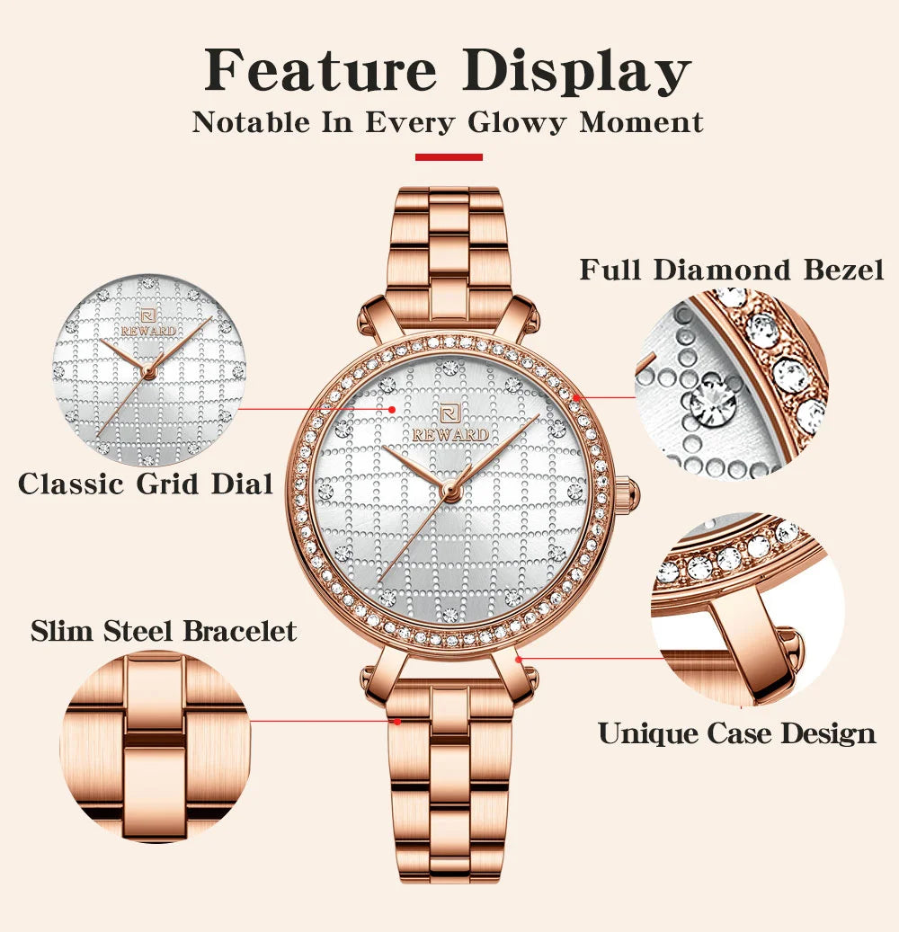 Reward 2022 New Arrival Wrist Watch Women Luxury Diamond Inlay Stainless Steel Ladies Golden Watches Wholesale Montre Acier RD21075L