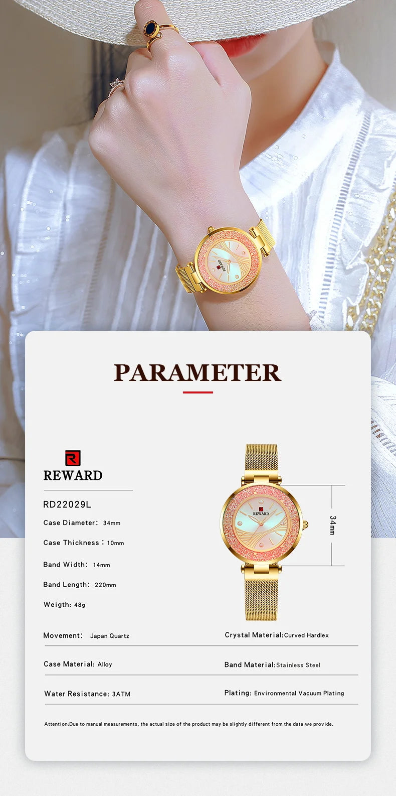 REWARD Ladies Watches Brands Luxury Rhinestone Dial Lady Watch, a stunning timepiece that combines elegance and practicality. With a durable stainless steel band and precision quartz movement, this watch is both fashionable and reliable.