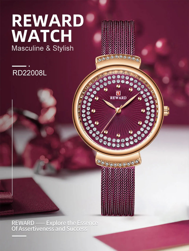 Upgrade your style with our Reward women's luxury watch RD22018L. This glitzy timepiece features a diamond-shaped shiny case and stainless strap with diamond accents, making it the perfect gift. detail view