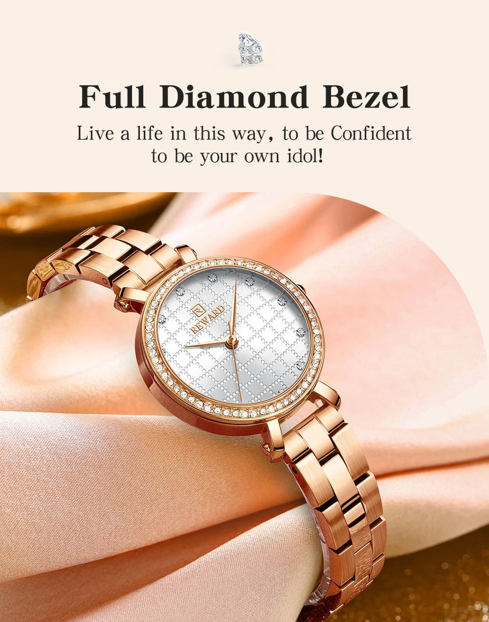 Reward 2022 New Arrival Wrist Watch Women Luxury Diamond Inlay Stainless Steel Ladies Golden Watches Wholesale Montre Acier RD21075L