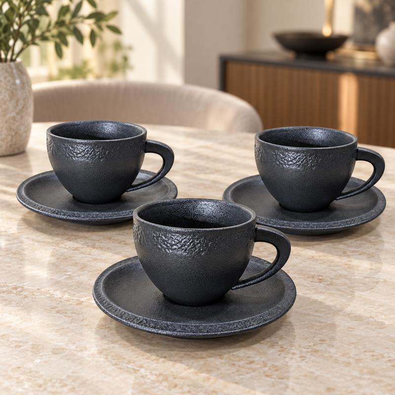 Winsor Matte Charcoal Ceramic Cup & Saucer Set – 6 Pieces
